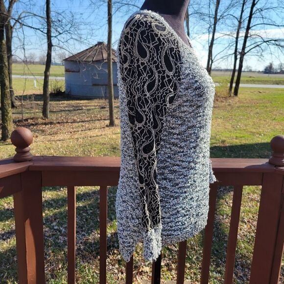 Anthropologie Escio Women's Black Ivory Long Lace Sleeve Wide Neck Sweater Sz S - Picture 6 of 16